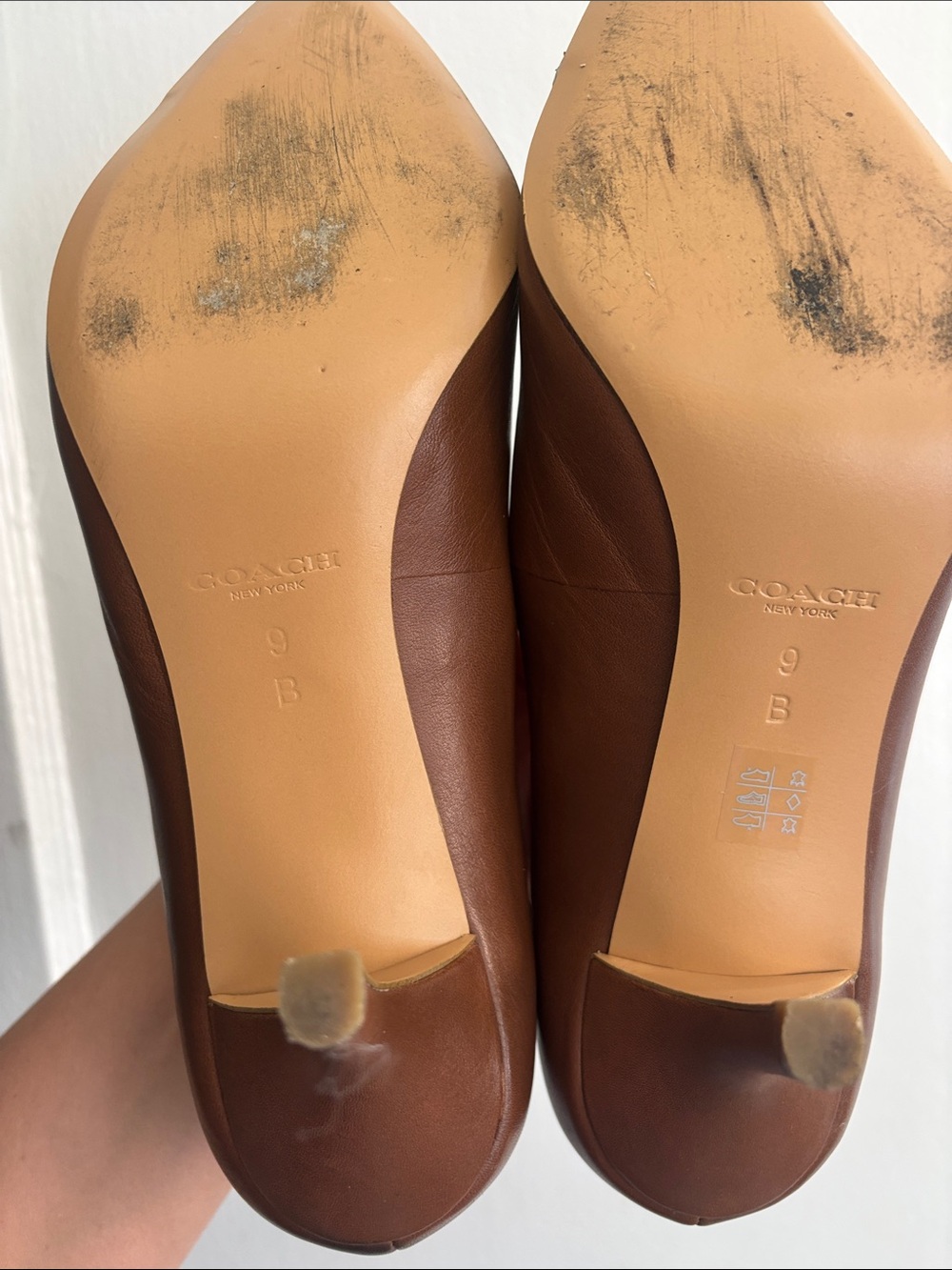 COACH Brown Leather Pointed Toe Flats with Patterned Toe and Gold Plaque - Picture 12 of 16